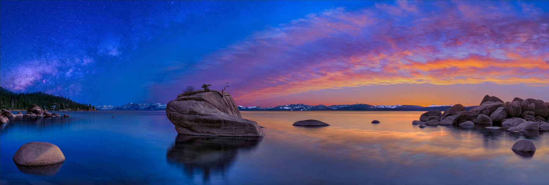 Peter Lik Photograph of Bonzai Rock in Lake Tahoe, as the sun sets and the stars come alive.