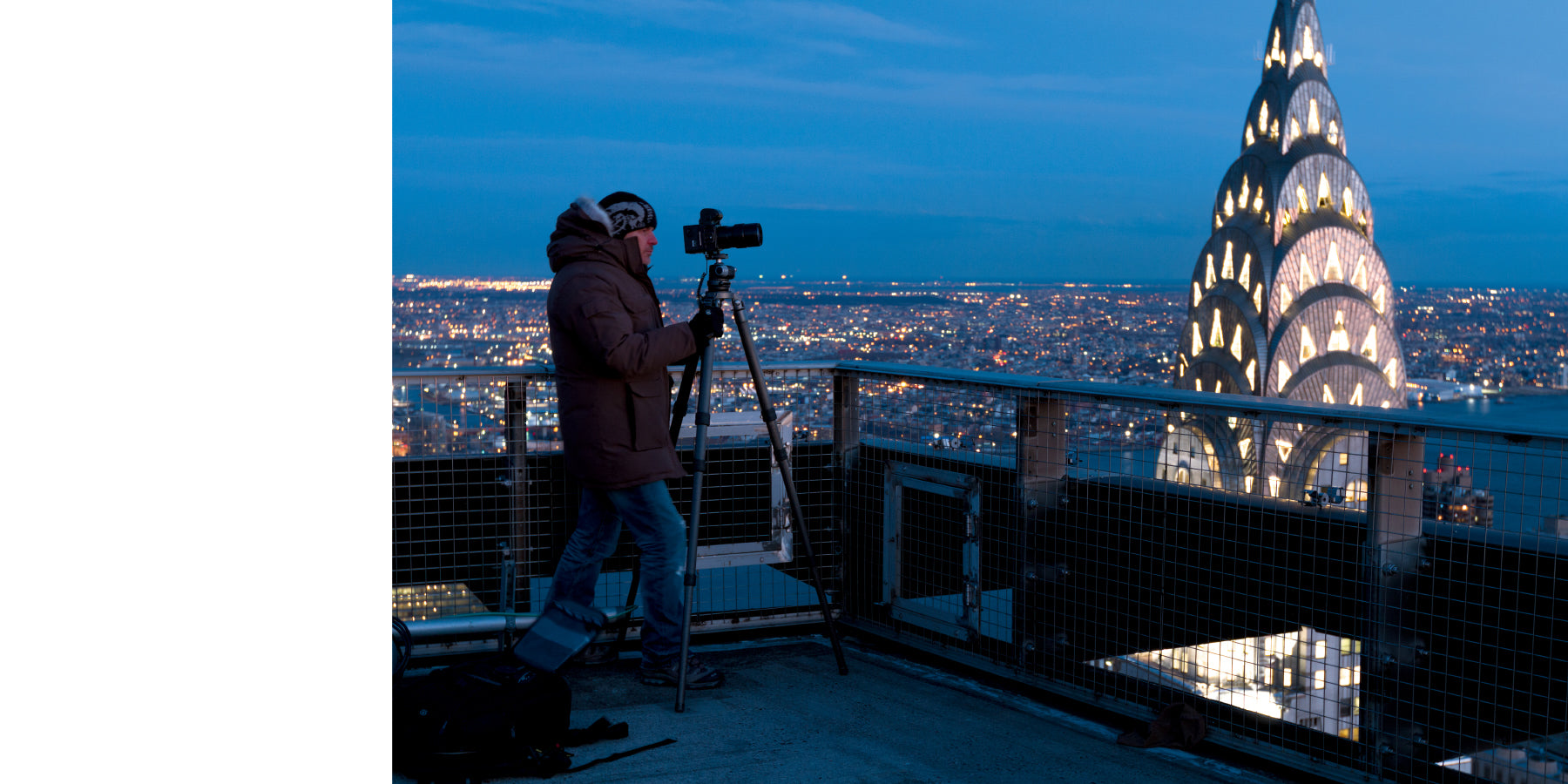 Peter Lik photographing the New York City skyline with the Chrysler Building in the background
