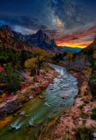 Photograph from Peter Lik of river cutting through mountains titled Zion Nights | LIK Fine Art