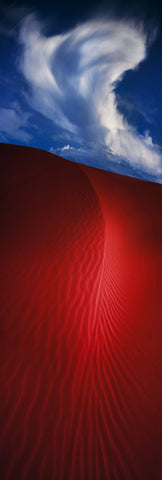 Red windswept sand dunes under cloudy blue skies in the Simpson Desert Australia