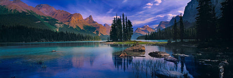 Group of Pine trees on a small island in Maligne Lake Canada surrounded by forests and mountains