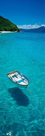 Rowboat floating on the turquoise waters in front of the tree filled Fitzroy Island Australia