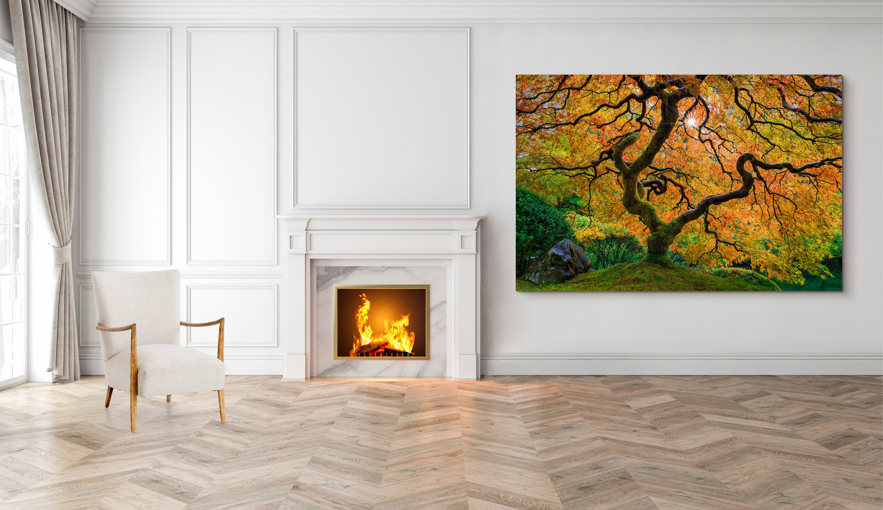 Photo of Japanese Maple with yellow and orange leaves photographed by Peter Lik handing on the wall of a living room with hardwood floors