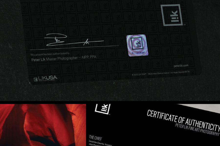 Detail of the black Certificate of Authenticity and Versa Card featuring Peter Lik’s signature and customized numbered hologram