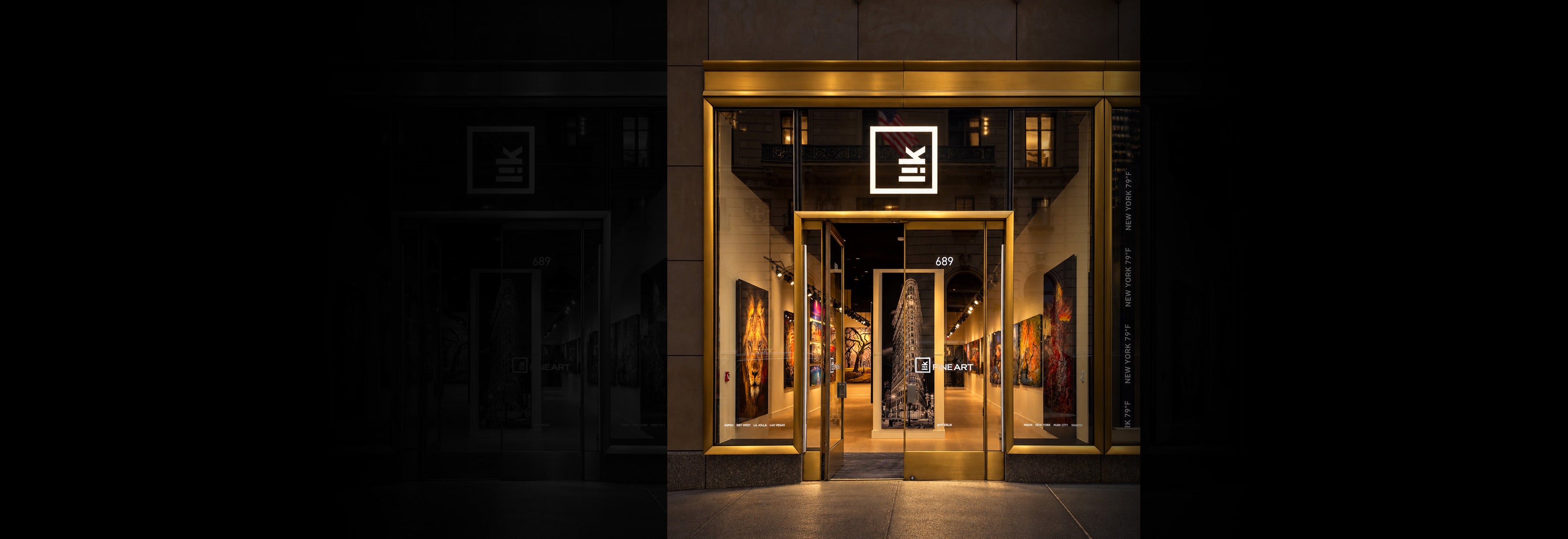 LIK Fine Art gallery at 689 Fifth Avenue in New York City at night, with a gold-framed entrance and illuminated photography inside.
