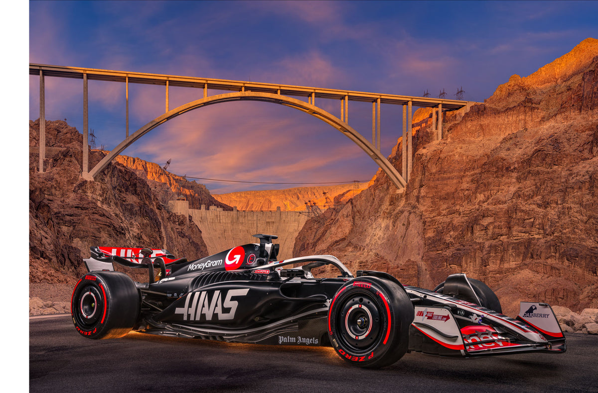 LIK Fine Art photograph of the MoneyGram Haas F1 Team car within the canyon below the Hoover Dam. 