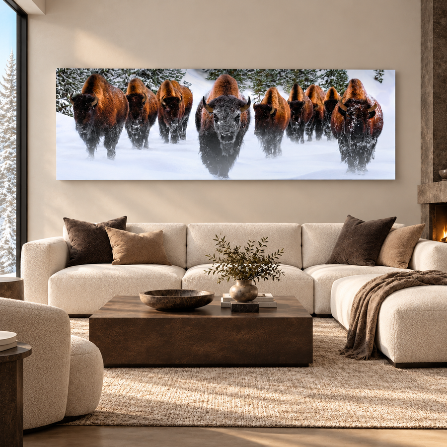 Peter Lik's Winter Reign panoramic bison artwork displayed above a cream sectional sofa in a luxurious contemporary living room with warm neutral furnishings.