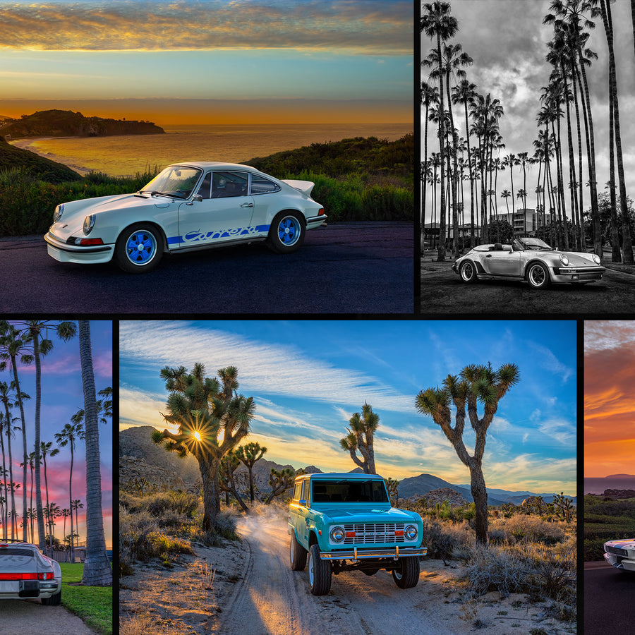Collage of a white Porsche 911 Carrera 2 parked in scenic locations with palm trees and desert landscapes.