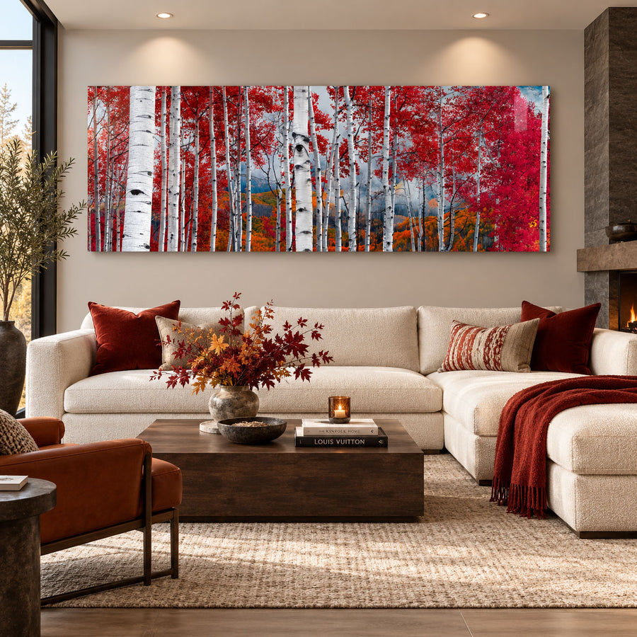 Autumn’s Dream by Peter Lik displayed as a large frameless acrylic mount in a refined modern living room with warm neutral furnishings and autumn-toned accents.