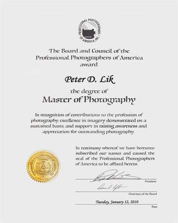 The Professional Photographers of America, Master of Photography Award, presented to Peter Lik in 2009.