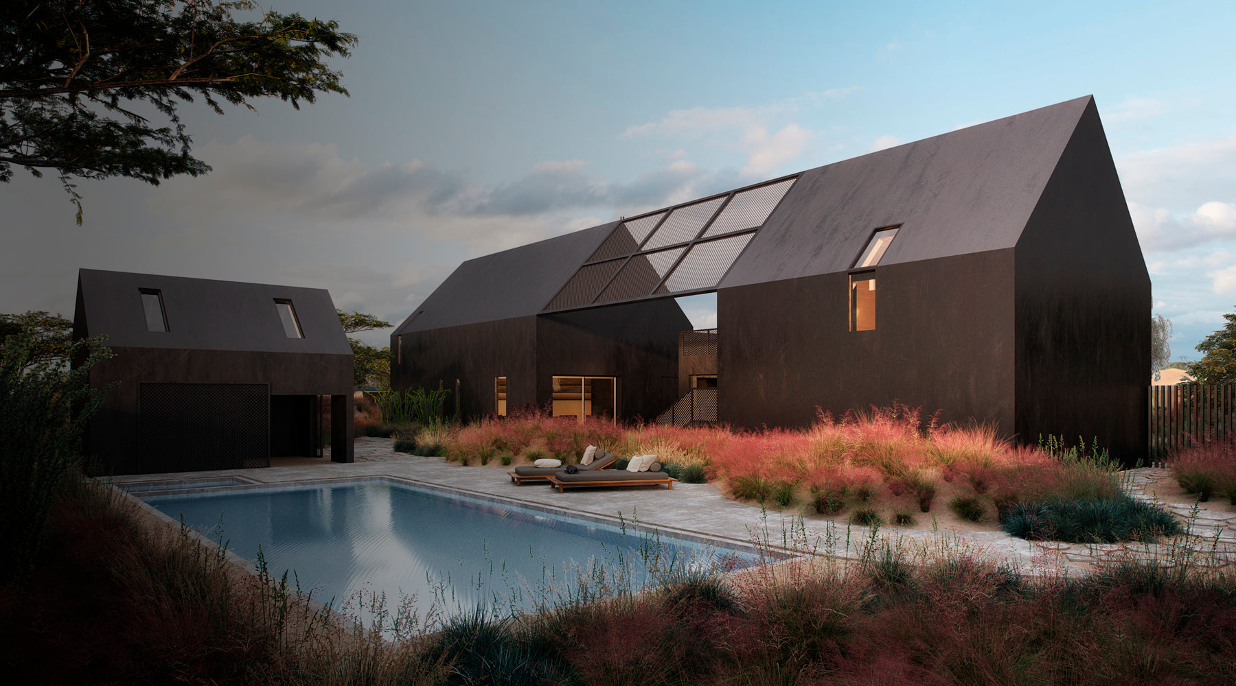 Metal cabin-style home with a pool in Las Vegas, built by Jewel Homes, designed by Peter Lik."