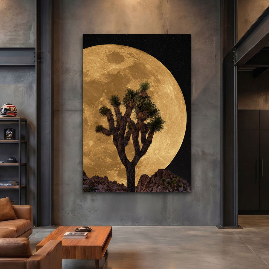 Nocturnal Glow fine art photograph of a Joshua tree silhouetted against a glowing full moon and star-filled desert sky in Joshua Tree, California hanging in a living room.