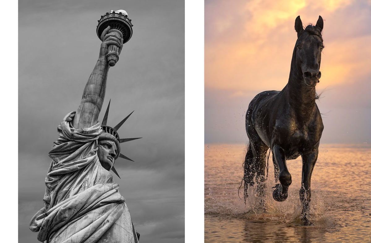 Peter Lik fine art photography banner featuring the Statue of Liberty in black and white beside a black horse running through ocean water at sunset.