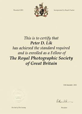 The Royal Photographic Society, Fellowship Award, presented to Peter Lik in 2010.
