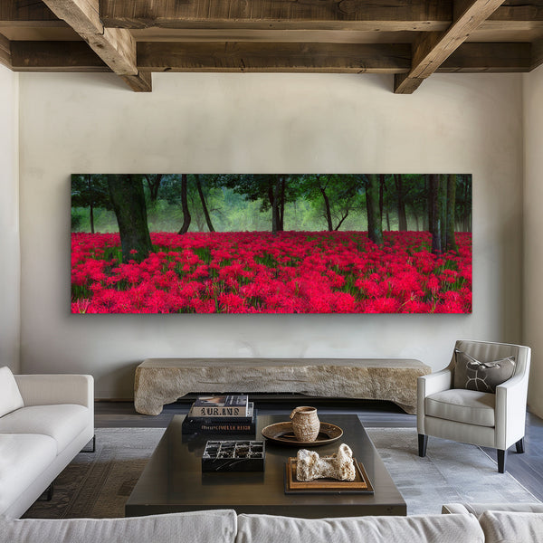 Photographic print hanging on a living room wall of a forest in Japan filled with Red Spider Lilies as far as the eyes can see.