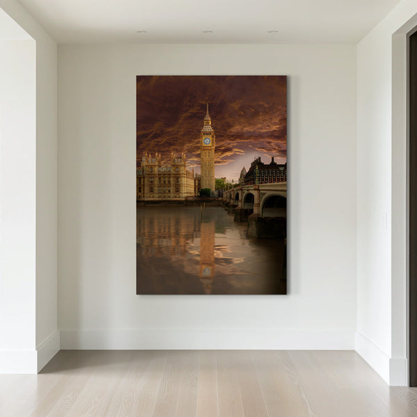 Peter Lik print hanging on a hallway wall. Photograph of Big Ben and the Palace of Westminster in London, United Kingdom. Storm clouds above and the River Thames flowing under the bridge in the foreground. 