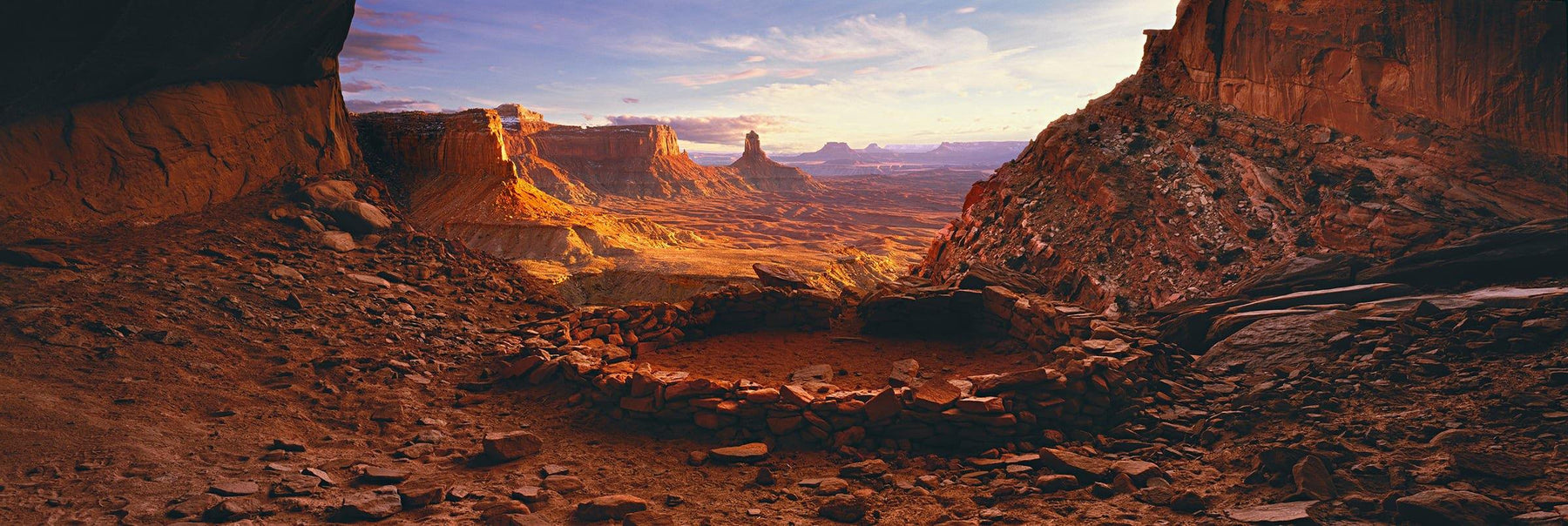 Man made stone circle on a rock plateau overlooking Canyonlands National Park Utah