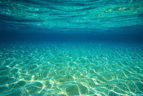 Underwater view of the ocean with sunlight shining onto the sand of the ocean floor
