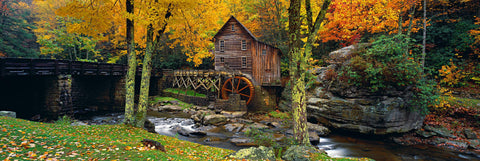 Old wooden Glade Creek Grist Mill on the rivers edge in the Appalachian Mountains during Fall
