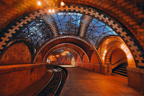 Brick and tile archways of the old underground rail tunnel of City Hall Station New York 