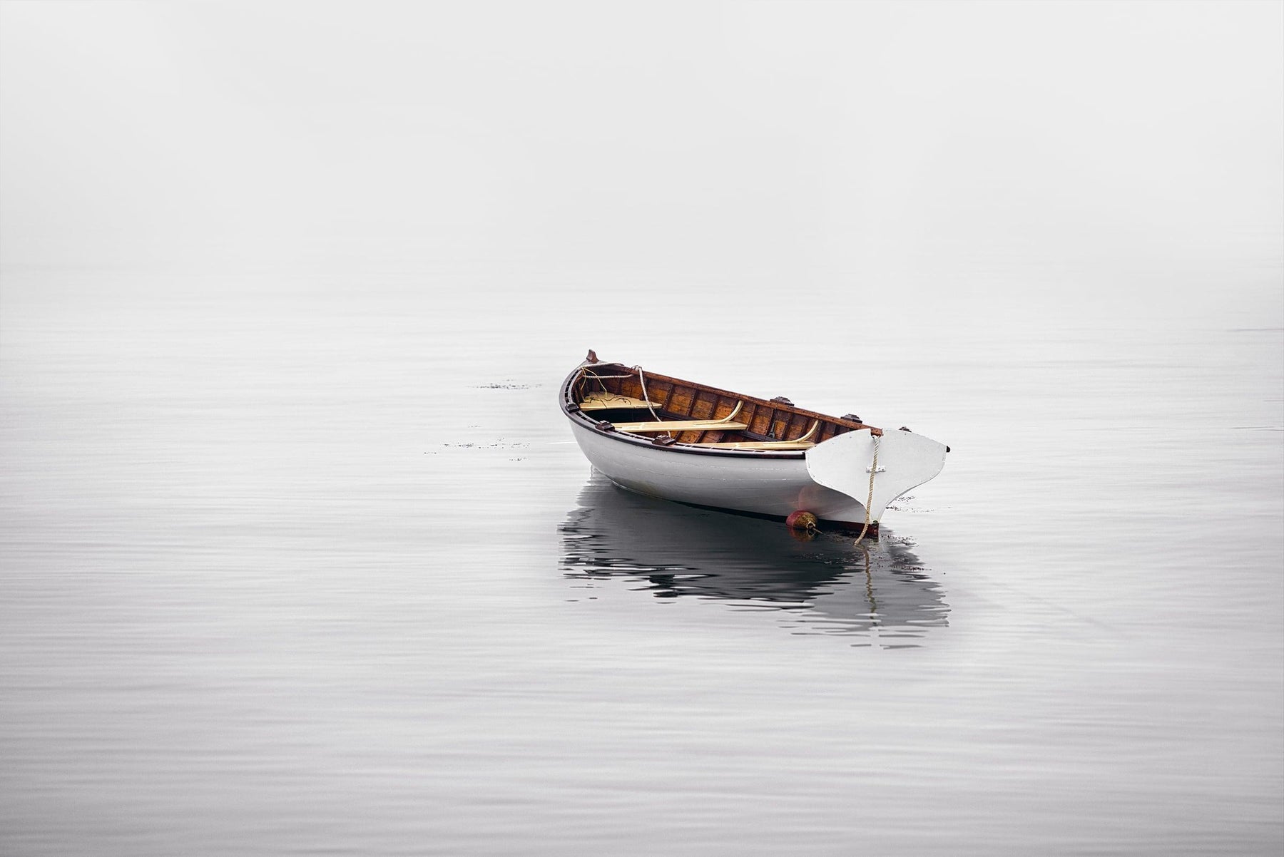 White wooden rowboat floating in the calm waters and misty cove in Martha's Vineyard Massachusetts