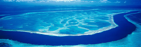 Aerial of the Great Barrier Reef and turquoise ocean in Queensland, Australia