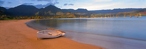 White row boat sitting on the shore of the sail boat filled Hanalei Bay Hawaii with mountains in the background