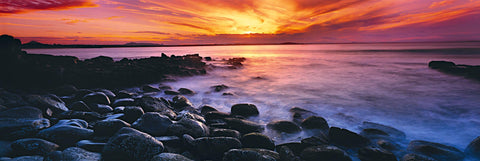 Barnacle cover rocks at low tide at a Noosa beach during sunset