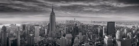 Black and white rooftop view of the Empire State building and New York City