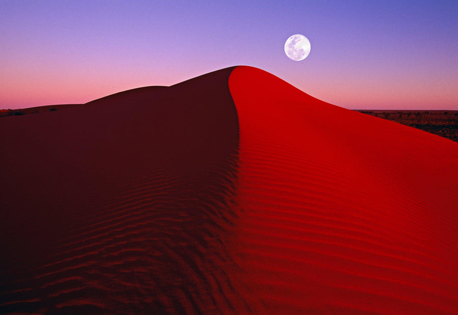 Bright orange dune with the full moon at sunset in the Simpson Desert Australia