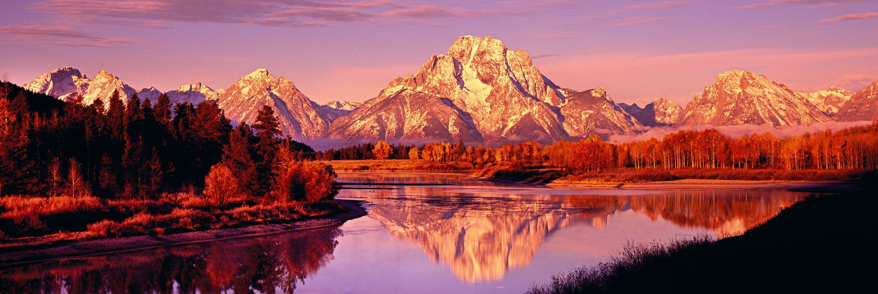 Autumn colored forest reflecting into the Snake River with the Grand Teton Mountains in the background at sunrise