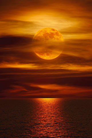 Orange full moon in a cloudy sky shining across a red ocean early in the morning in La Jolla California