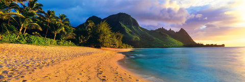 Palm lined sand beach leading to the tropical mountains of the Na Pali Coast Hawaii at sunrise