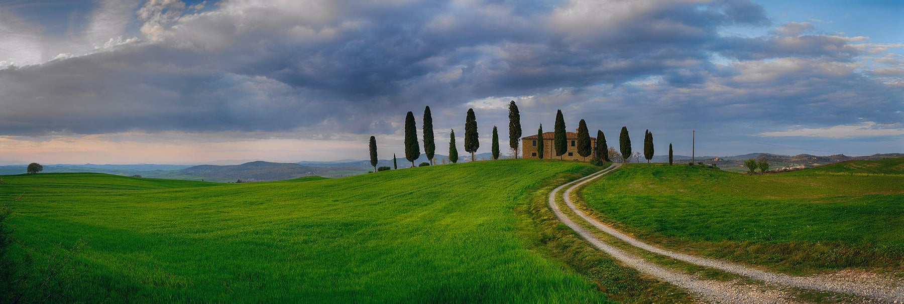Dirt road leading through a green grass field to a stone house surrounded by cypress trees in Tuscany Italy