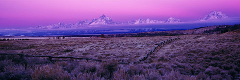 Wooden post fence running through a frost covered valley in front of the Grand Teton Mountains 